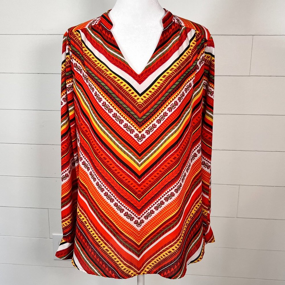Gibson Latimer Red Orange Yellow & Burgundy Patterned Long Sleeve Tunic Size M
